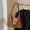 Minimalist soft PU leather tote bag in dark brown with vintage gold buckle detail - No Pendant / Brown