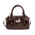 Borsa Boston vintage in pelle verniciata marrone scuro con finitura lucida e metallo argento - Marrone