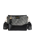 Quilted bucket bag in grey denim and black leather with patterned shoulder strap - Black