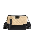 Quilted bucket bag in khaki canvas and black faux leather with patterned shoulder strap - Khaki