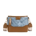 Quilted denim and brown leather bucket bag with arrow pattern strap and fashion label - Blue
