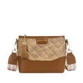 Chic quilted canvas bucket bag with brown leather trim and stylish jacquard strap - Brown