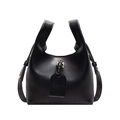 Chic black leather bucket handbag with twin handles and golden buckle detail - Black