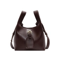 Dark brown leather bucket bag featuring a sleek glossy finish and golden metal buckle - Coffee