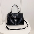 Elegant black faux leather trapezoid handbag with silver twist lock and shoulder strap - PU Black Small