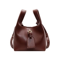 Deep brown leather bucket handbag with gold buckle and adjustable crossbody strap - Brown