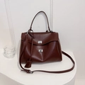 Minimalist deep brown leather handbag with silver metallic buckles and top handle - PU Brown Small