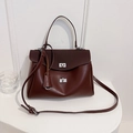 Minimalist burgundy leather handbag with silver twist locks and adjustable shoulder strap - Matte Brown Small
