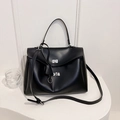 Minimalist black matte leather handbag with silver rotating lock and shoulder strap - PU Black Large