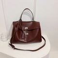 Dark brown leather trapezoid handbag with dual silver turn-locks and adjustable strap - PU Brown Large