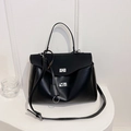 Elegant black faux leather handbag with silver twist lock and minimalist single handle - Matte Black Large