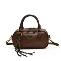Vintage dark brown Boston handbag in textured faux leather with adjustable strap - With Pendant / Brown