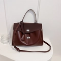 Elegant deep wine red leather handbag with silver rotary lock and shoulder strap - Matte Brown Large