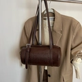 Braune Zylindertasche aus Leder mit XICHAODOUDOU-Prägung und silbernen Schnallen - Ohne Anhänger / Braun
