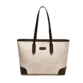 Bolso tote de tela beige minimalista con ribete de cuero marrón oscuro y asas largas - Blanco Roto