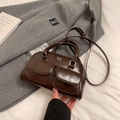 Vintage dark brown bowling handbag in glossy cracked leather with silver hardware finish - Coffee (No Pendant)