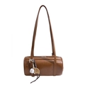Brown vintage cylindrical barrel bag with creative baseball charm and embossed logo - With Baseball Pendant / Brown