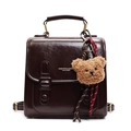 Retro dark brown versatile small square backpack in polished leather with bear charm - Coffee (With Teddy Bear Charm)