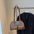 Bolso de hombro retro en lona gris con ribete de cuero marrón y bolsillos con solapa - Sin colgante / Marrón Oscuro