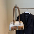 Bolso Boston vintage de lona en crema y marrón con correas de cuero elegantes - Sin colgante / Blanco Roto