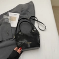 Chic black and gray ink marble pattern bucket bag with golden logo and dual handles - No Pendant / Black