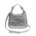 Silver metallic crossbody bag with pink leather bow details and a single handle - Silver (110716)