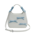 Elegant white square handbag with light blue leather bows and adjustable strap - White and Blue (110716)
