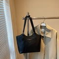 Minimalist black leather tote bag with vintage texture and golden text for women - No Pendant / Black