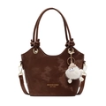 Sac seau en cuir marron foncé avec poignées, bandoulière et pendentif en peluche doux - Avec Pendentif / Café