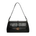 Bolso de hombro minimalista en cuero negro brillante con hebilla metálica G dorada - Negro