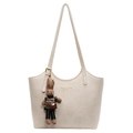 Sac fourre-tout chic en similicuir beige avec boucle dorée et pendentif lapin mignon - Pendentif Lapin Pied-de-Poule / Blanc Cassé
