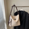 Borsa tote chic bicolore beige e marrone scuro con nappa e targhetta in metallo lucido - Crema e Caffè