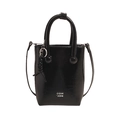 Glossy black faux leather crossbody handbag with curved top handle and a knotted charm - Black