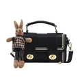 Retro black leather handbag with gold studs and woven rabbit charm crossbody bag - Black With Rabbit Pendant