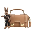 Retro brown contrast handbag with golden locks and a cute woven rabbit charm accessory - Khaki With Rabbit Pendant