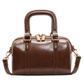 Retro Boston style handbag in dark brown faux leather with adjustable strap - Brown