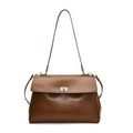 Minimalist brown leather business briefcase handbag for women with silver metal buckle - Brown