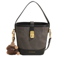 Deep grey canvas bucket bag with black leather trim and cute brown plush monster charm - Black With Brown Charm