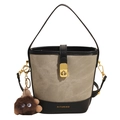 Stylish bucket bag in grey canvas with black trim and a cute plush monster charm - Beige Black With Brown Charm
