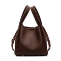 Dark brown pebbled leather bucket bag with top handle and gold rivet details - Coffee