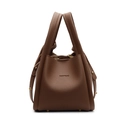 Dark brown pebbled leather bucket bag with top handles and adjustable shoulder strap - Brown