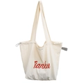 Minimalist cream nylon tote bag with red Tianku script and drawstring detail - White