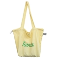 Minimalist light yellow nylon tote bag with drawstring detail and green lettering print - Yellow