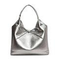 Silver metallic leather Hobo tote bag with a slim bow detail for trendy fashion women - Silver Large