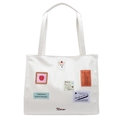 Grande borsa tote bianca stile college con ricamo cane e toppe con etichette varie - Bianco