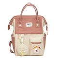 Pink and white contrasting high-capacity casual backpack with a cute round pendant - Pink