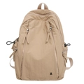 Minimalist beige nylon backpack with multi-pocket design and cute bear logo detail - Khaki