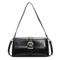 Bolso de hombro baguette negro chic en cuero plisado brillante con hebilla dorada fina - Negro