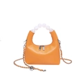 Orange leather hobo bag with large pearl handle and silver chain strap for women - Orange