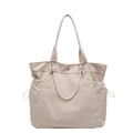 Minimalist beige large capacity tote bag with drawstring detail and side pockets - Khaki